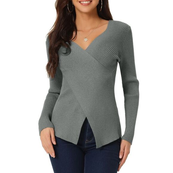 Wrap Fall Winter Ribbed Long Sleeve V Neck Criss Cross Sweater Tops Grey - Picture 1 of 5